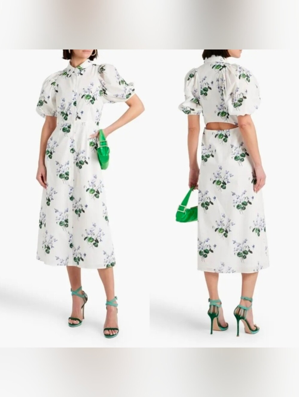 Les Reveries Cutout Floral Print Cotton Poplin Midi Shirt Dress